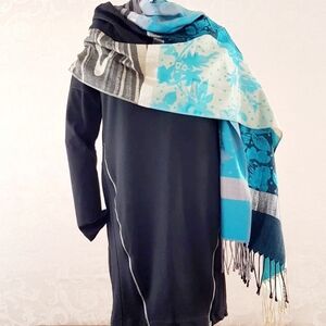Vintage Pashmina Silk Shawl: Blue, Black & Silver Evening Wrap (70" x 26")